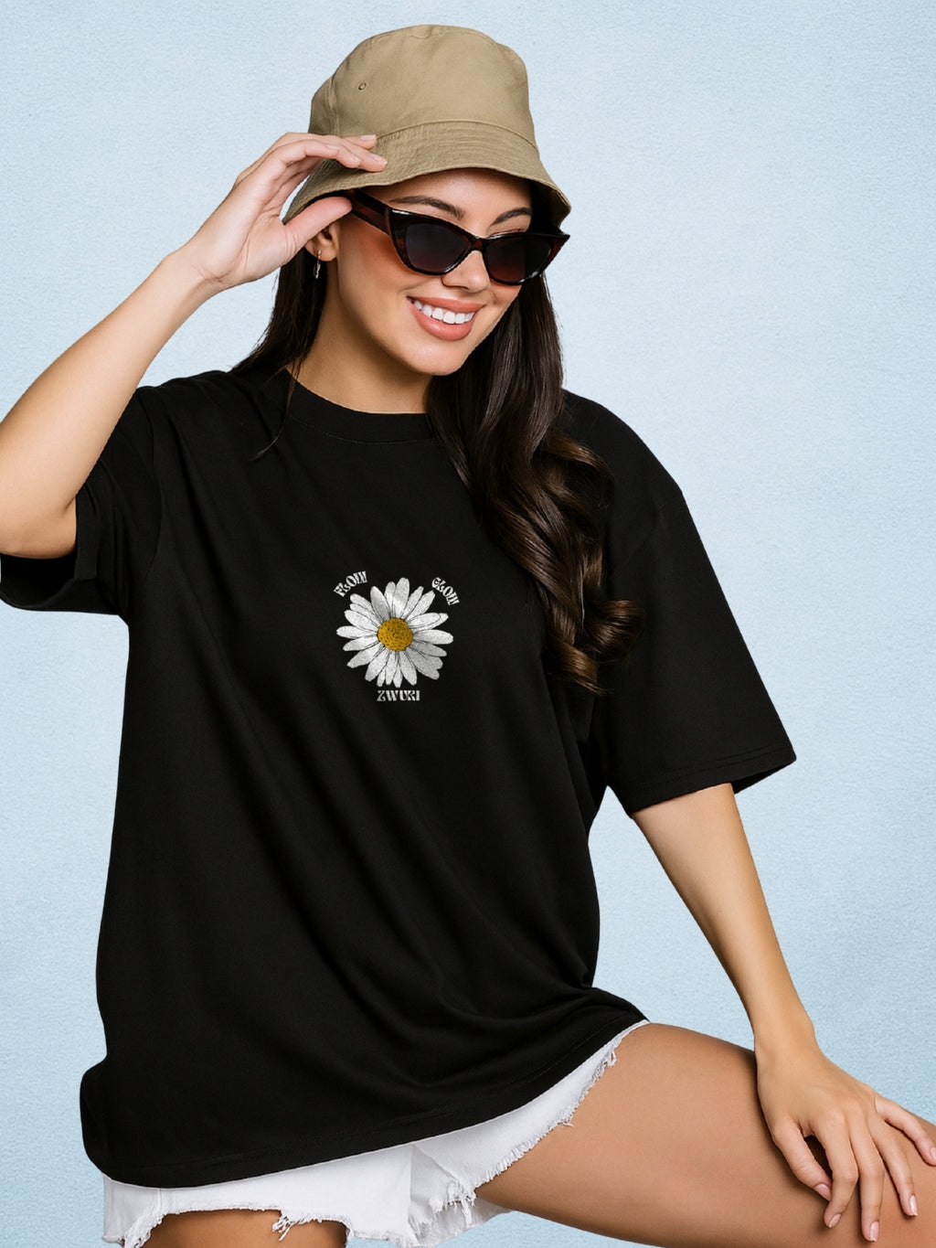 🌼 Blooming Flowers, Zen Black Oversized T-Shirt For Women by Zwuri