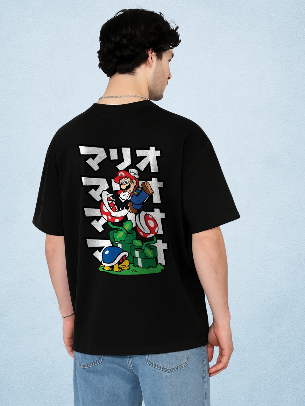 Go Mario Jump Oversized Graphic Zen Black T-Shirt For Men by Zwuri