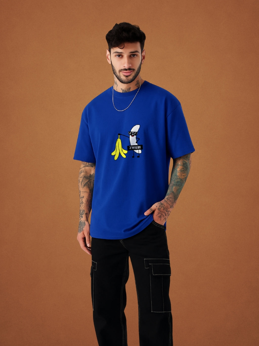 🍌 Banana Drift Blue Oversized T-Shirt For Men by Zwuri