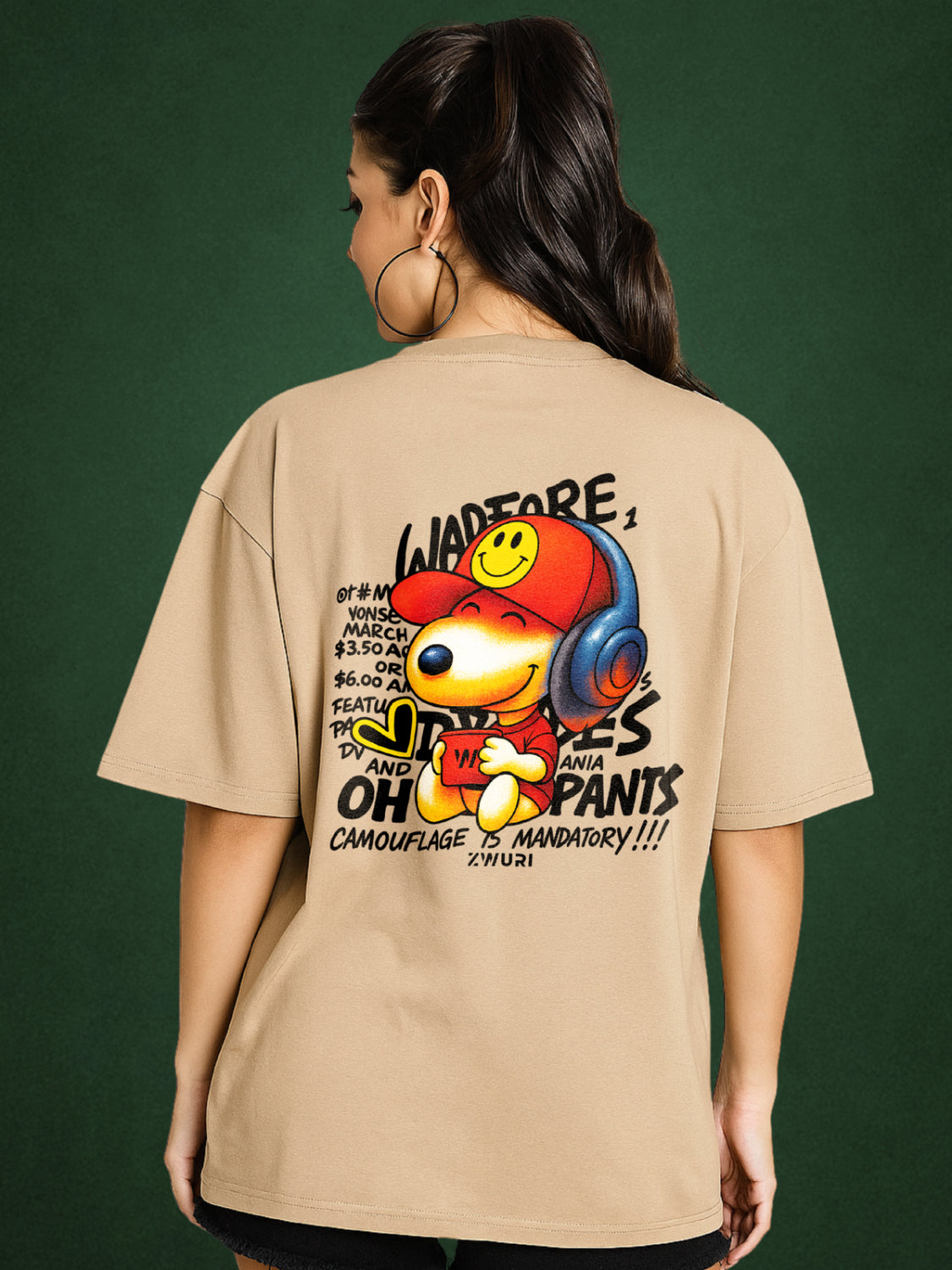 Camouflage is Mandatory! Velvet Beige Oversized T-Shirt for Women by Zwuri