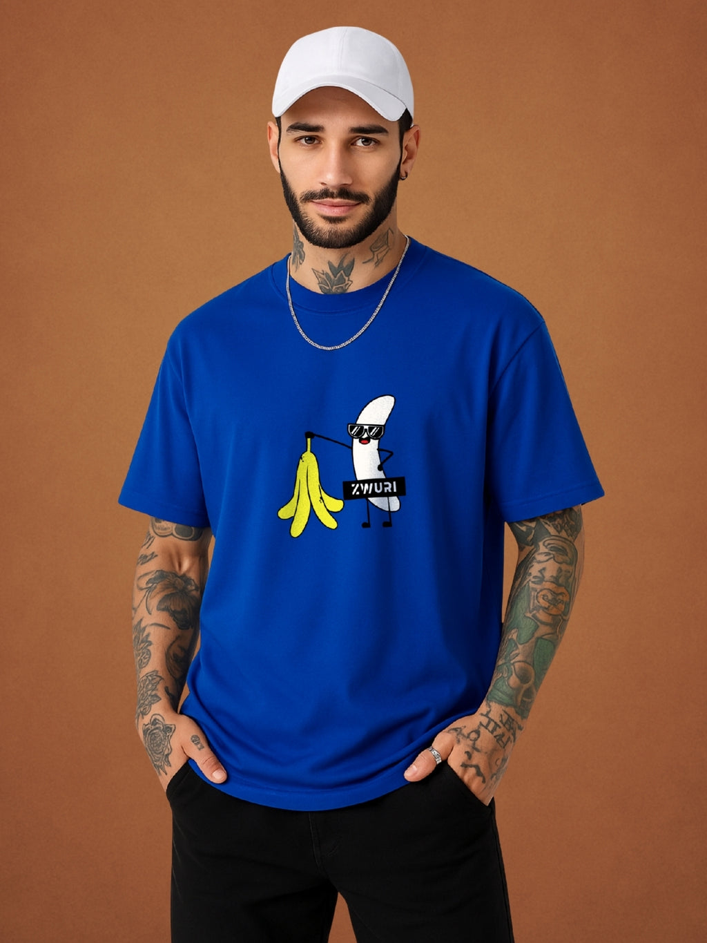 🍌 Banana Drift Blue Oversized T-Shirt For Men by Zwuri