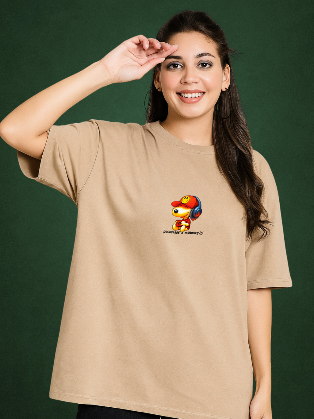 Camouflage is Mandatory! Velvet Beige Oversized T-Shirt for Women by Zwuri