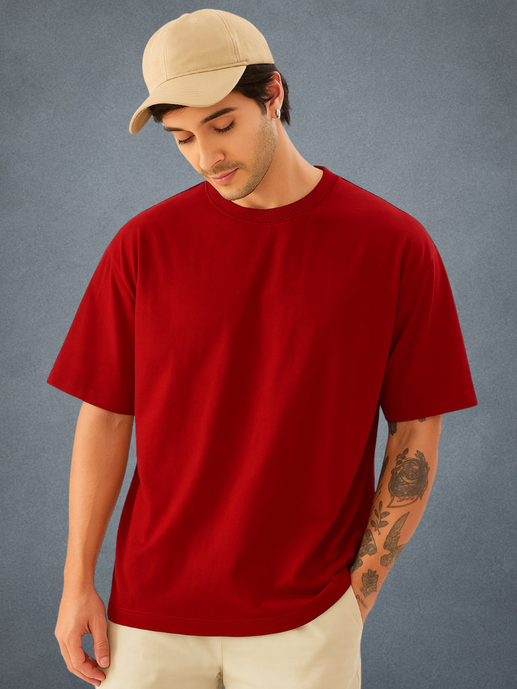Zwuri Men’s Crimson Red Oversized T-Shirt Solids, Relaxed Fit, Minimalist Everyday Wear