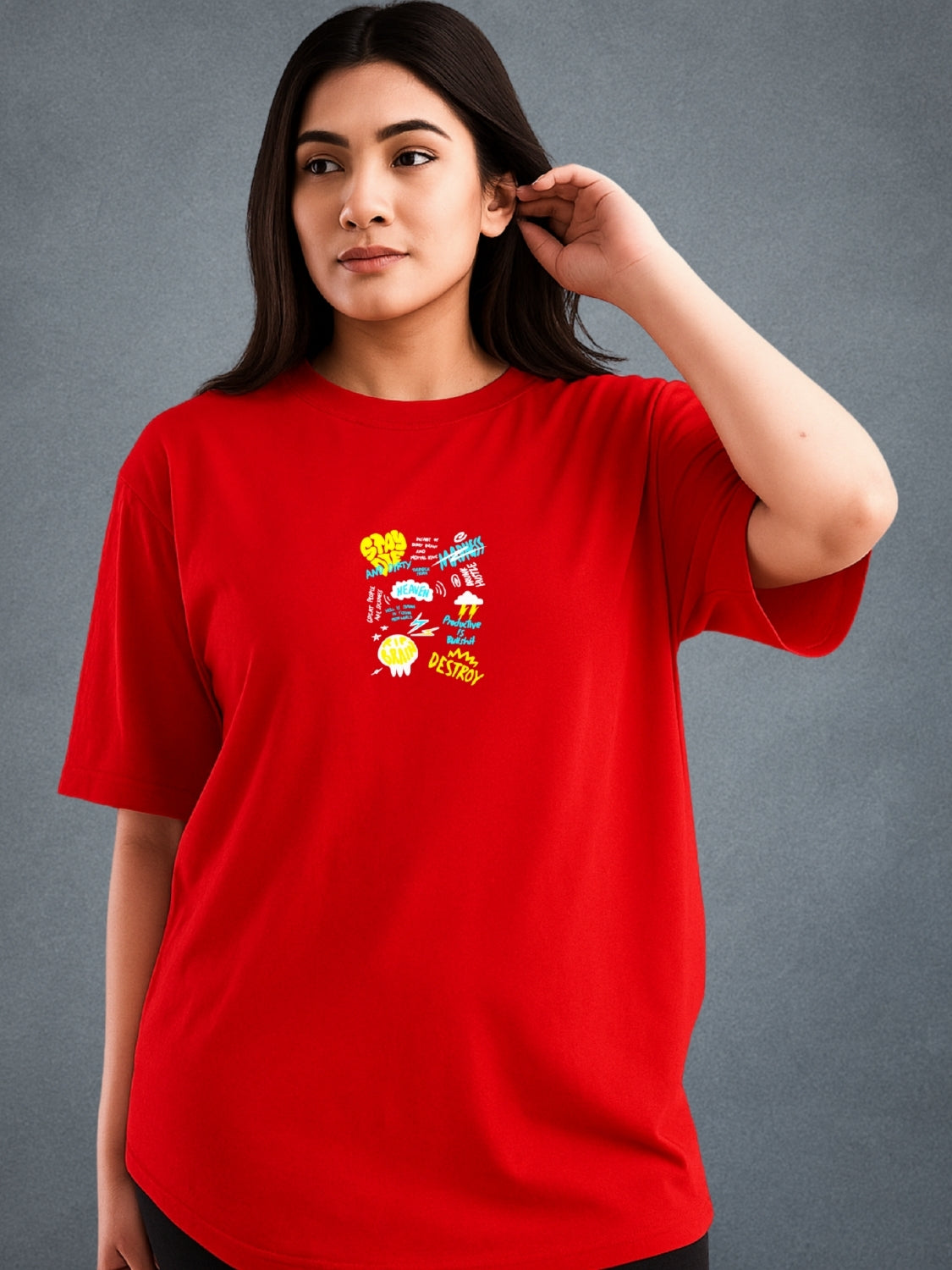 🤪 The Zwuri Madness, Crimson Red Oversized T-Shirt For Women by Zwuri