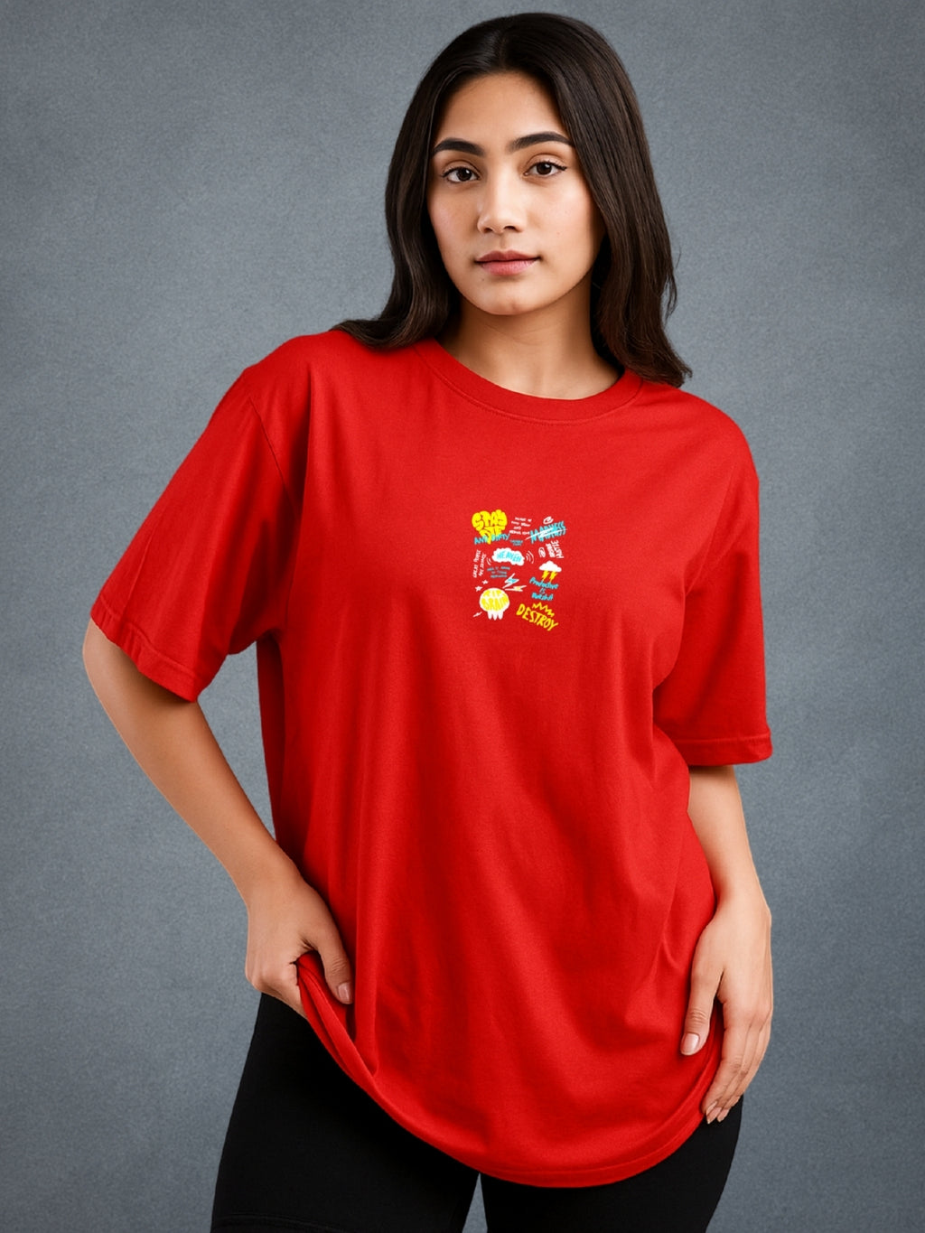 🤪 The Zwuri Madness, Crimson Red Oversized T-Shirt For Women by Zwuri