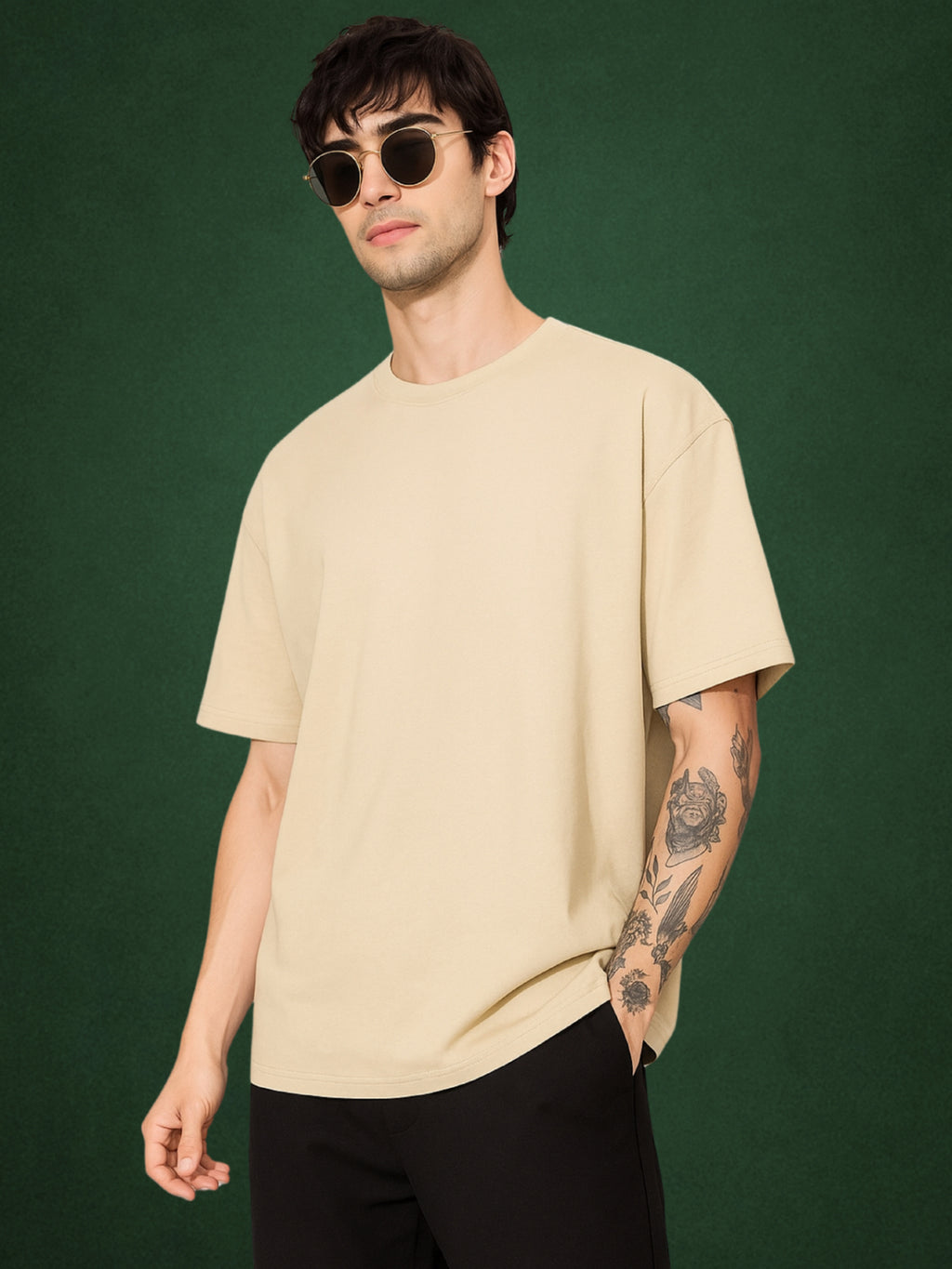 Zwuri Men’s Velvet Beige Oversized T-Shirt Solids, Relaxed Fit, Minimalist Everyday Wear