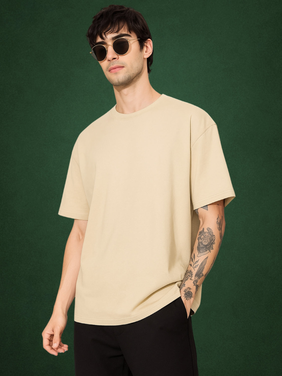Zwuri Men’s Velvet Beige Oversized T-Shirt Solids, Relaxed Fit, Minimalist Everyday Wear