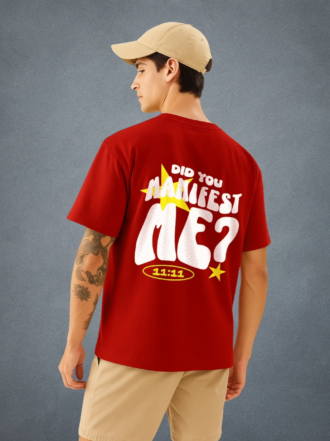 Did You Manifest Me? Crimson Red Oversized T-Shirt for Men by Zwuri