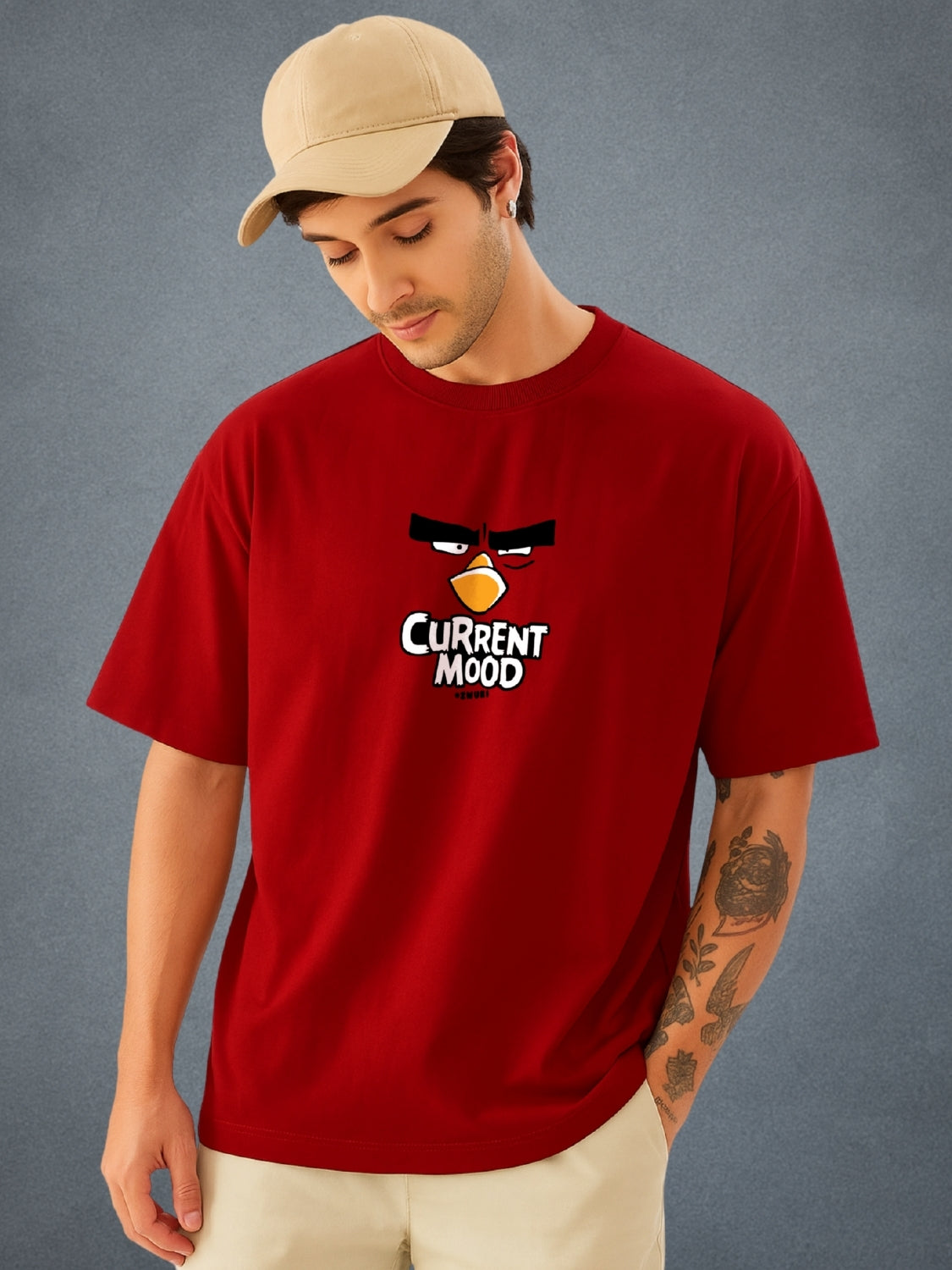 Angry Bird Crimson Red Oversized T-Shirt for Men by Zwuri