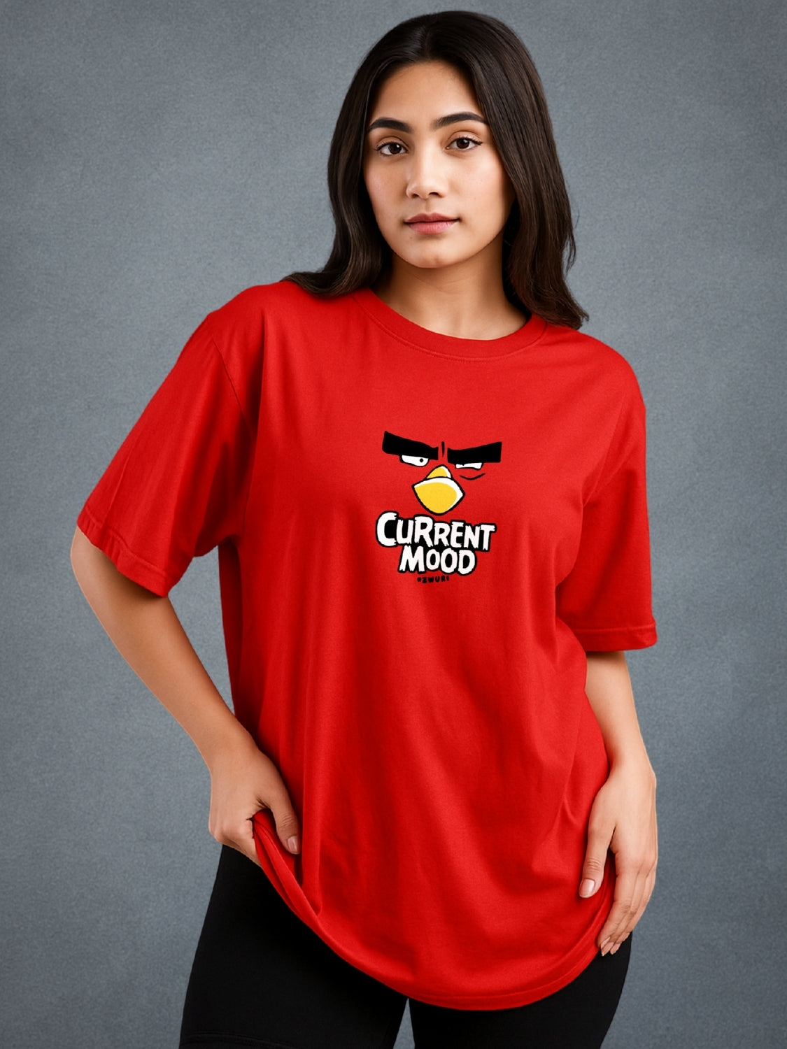 Angry Bird Crimson Red Oversized T-Shirt for Women by Zwuri