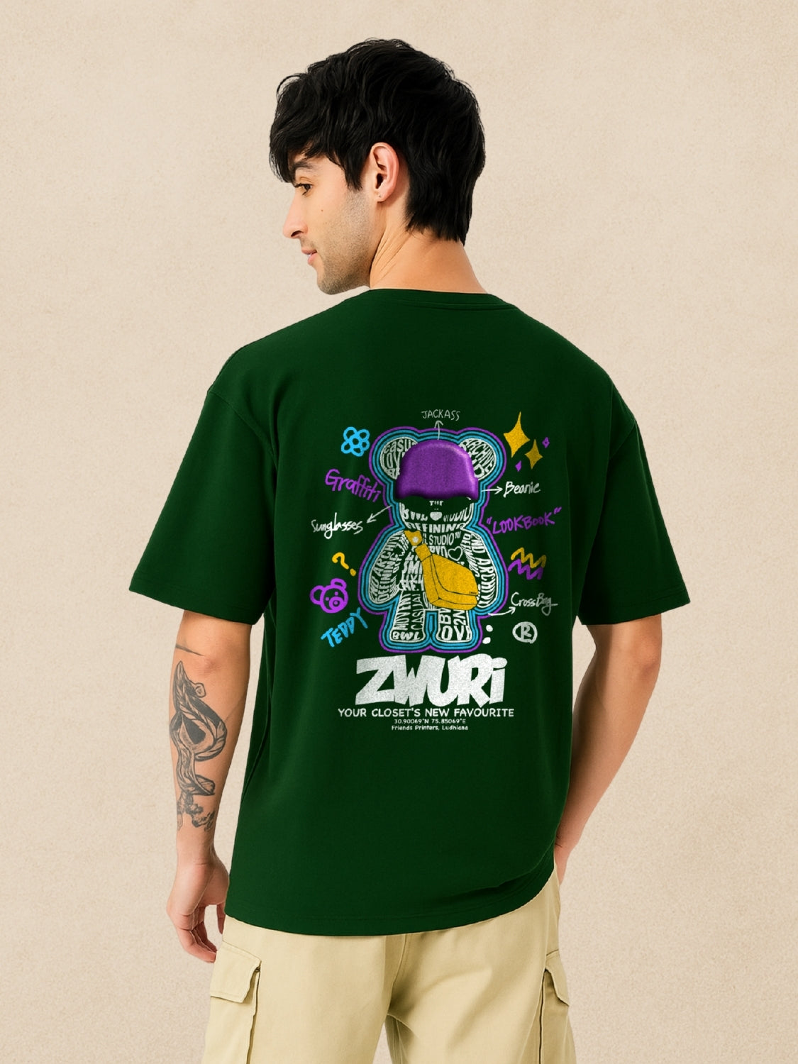 Graffiti Art, Forest Green Oversized T-Shirt For Men by Zwuri