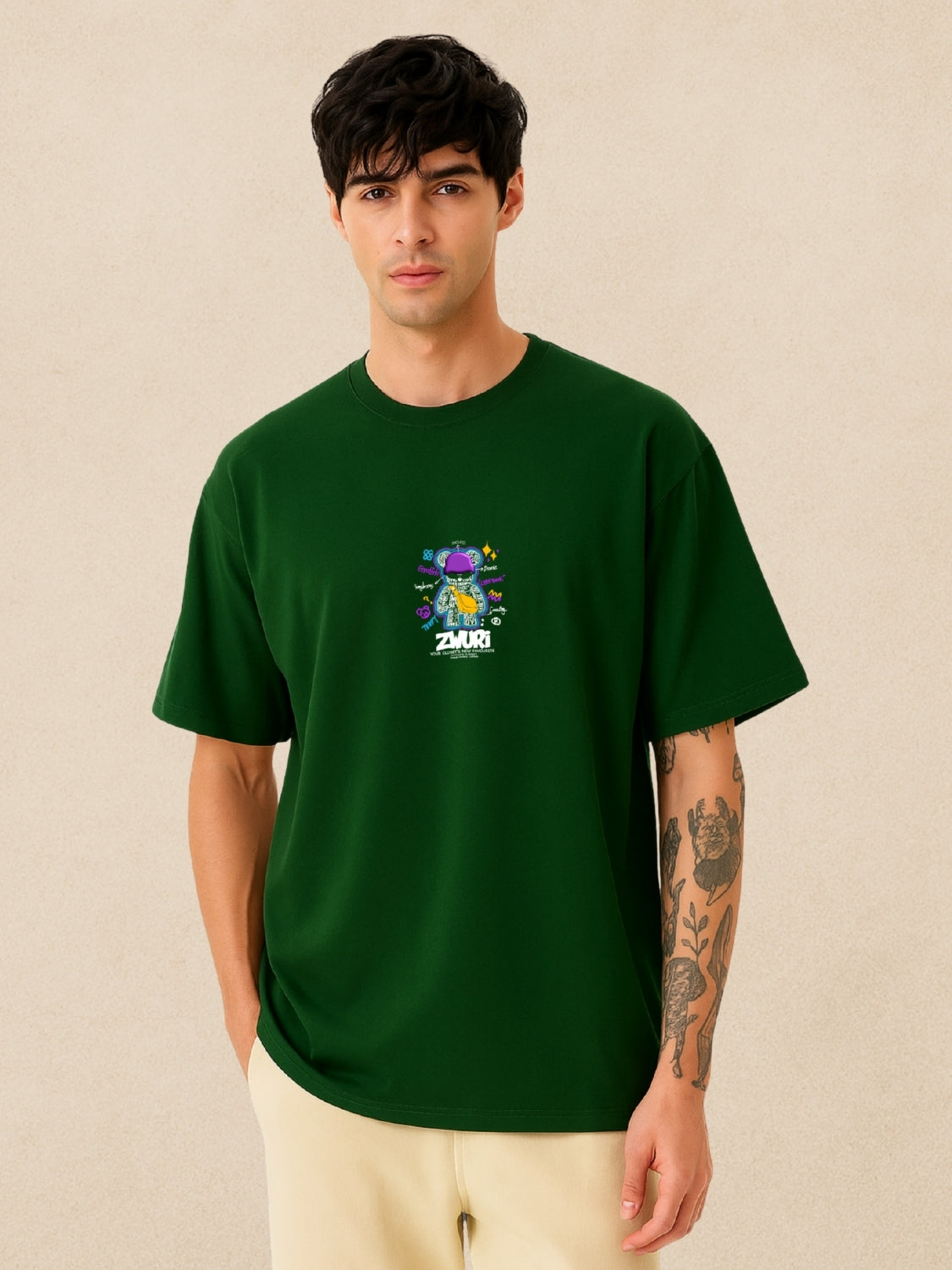 Graffiti Art, Forest Green Oversized T-Shirt For Men by Zwuri
