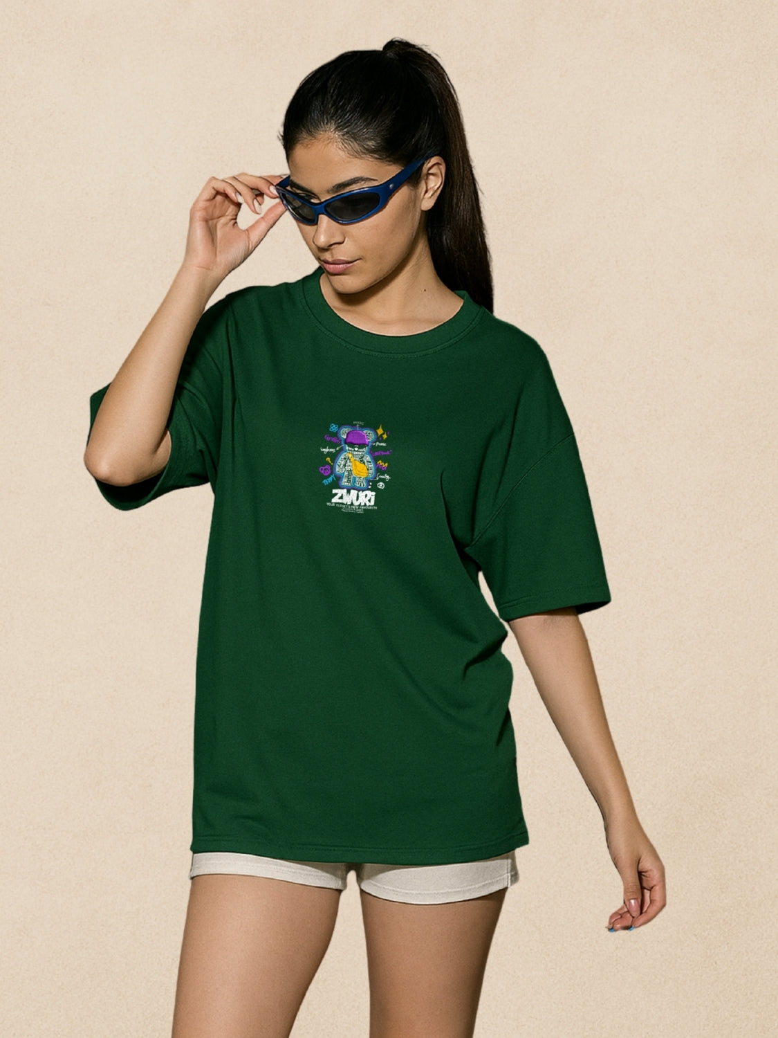Graffiti Art, Forest Green Oversized T-Shirt For Women by Zwuri
