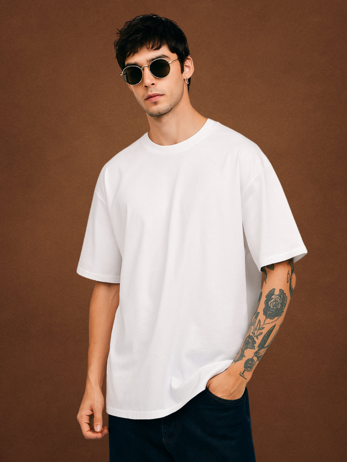 Zwuri Men’s Pure White Oversized T-Shirt Solids, Relaxed Fit, Minimalist Everyday Wear