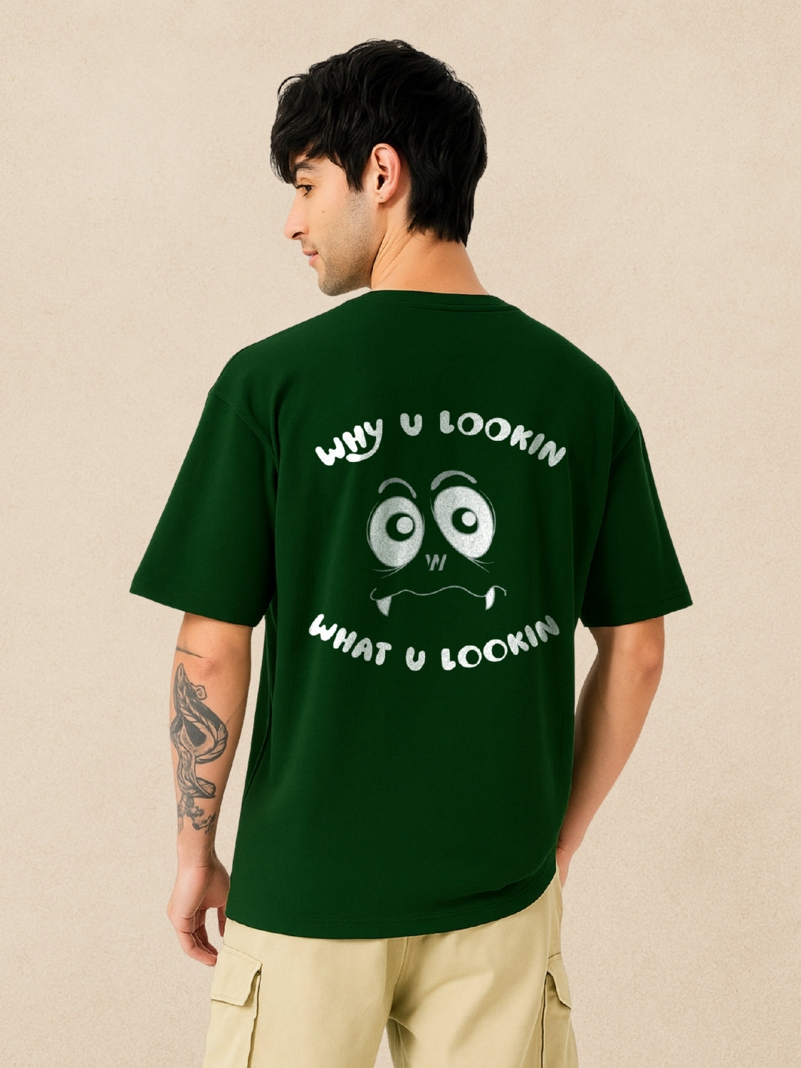 👀 Why U Lookin? Forest Green Oversized T-Shirt For Men by Zwuri