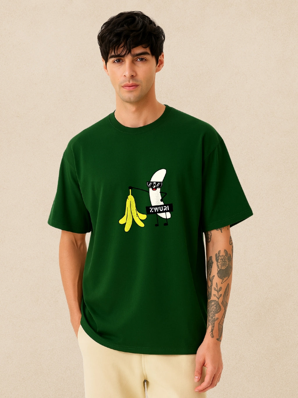 🍌 Banana Forest Green Oversized T-Shirt For Men by Zwuri