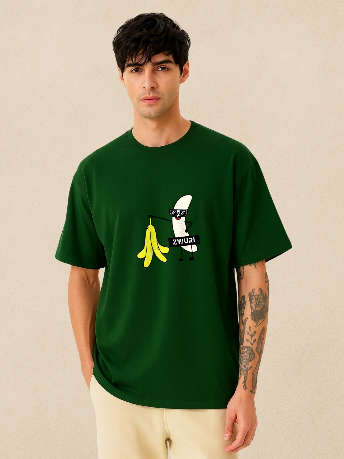 🍌 Banana Forest Green Oversized T-Shirt For Men by Zwuri