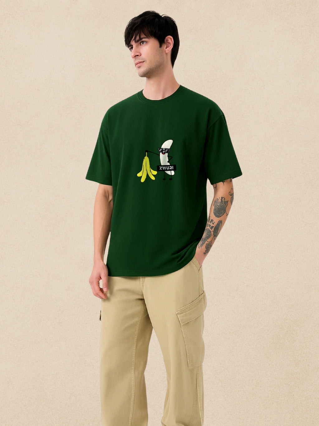 🍌 Banana Forest Green Oversized T-Shirt For Men by Zwuri