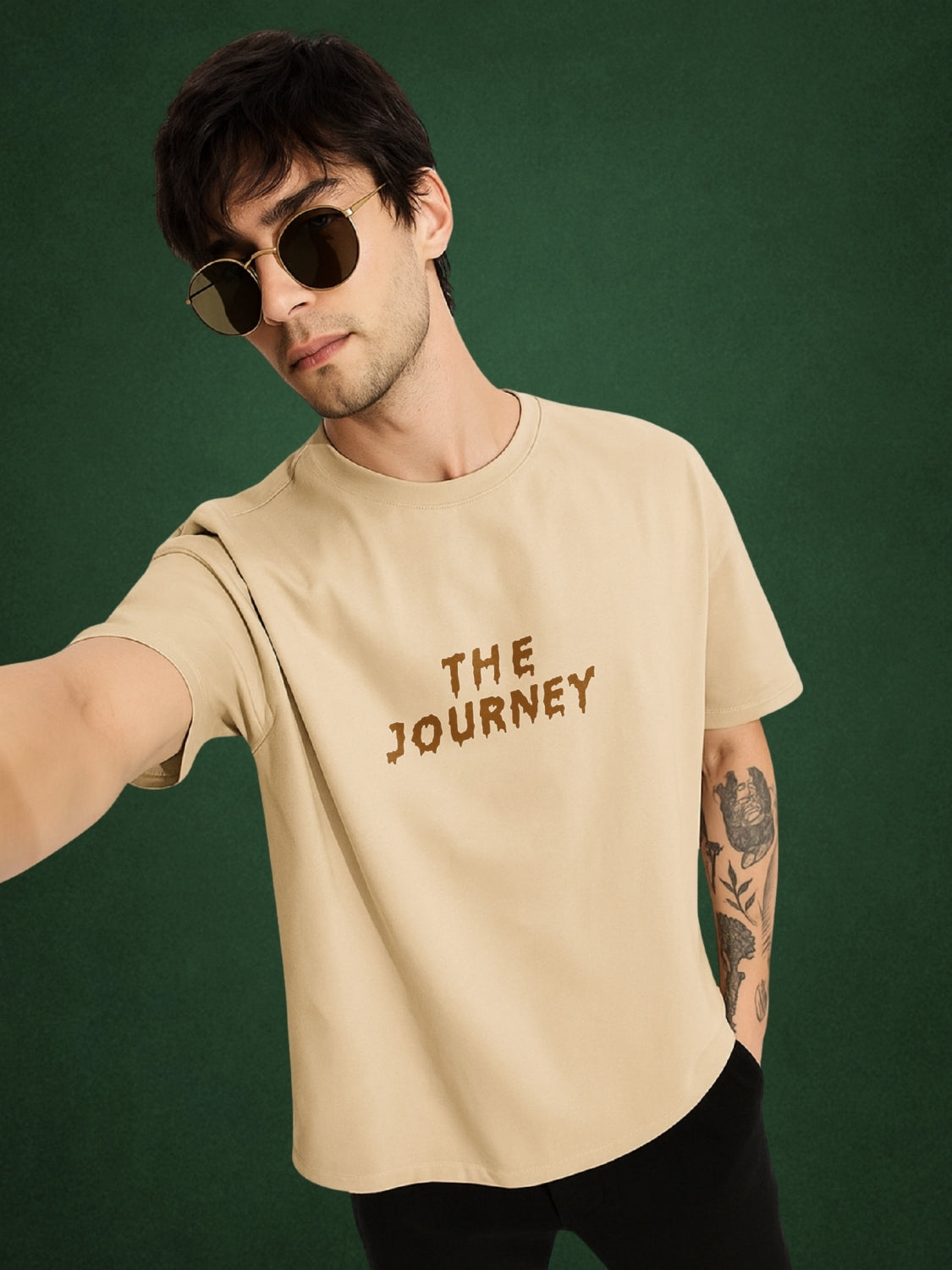 The Chaos Journey, Velvet Beige Oversized T-Shirt for Men by Zwuri
