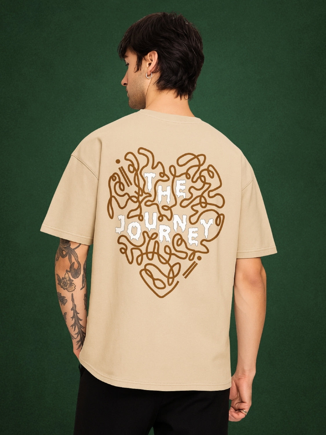 The Chaos Journey, Velvet Beige Oversized T-Shirt for Men by Zwuri