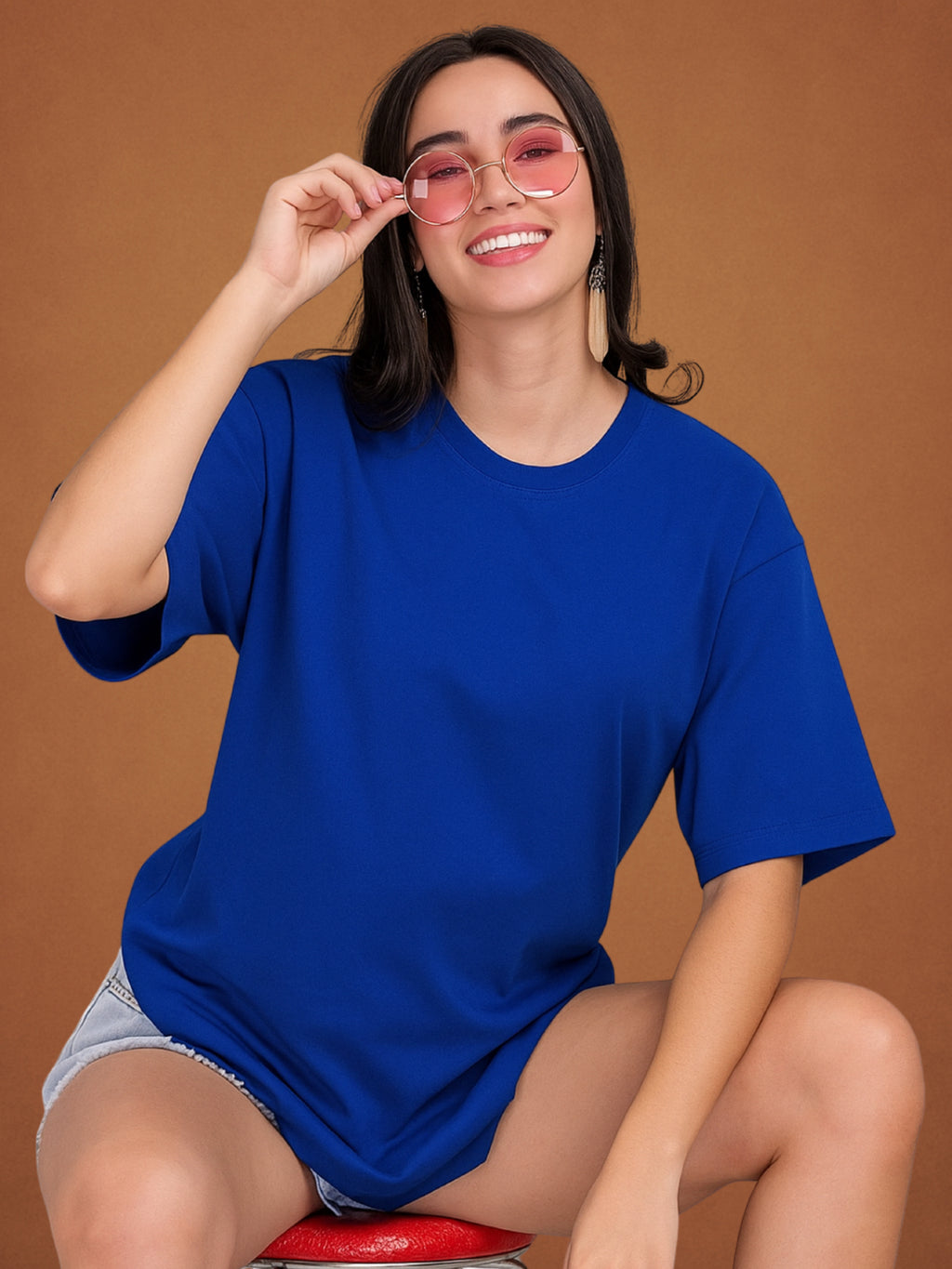 Zwuri Women’s Drift Blue Oversized T-Shirt Solids, Relaxed Fit, Minimalist Everyday Wear