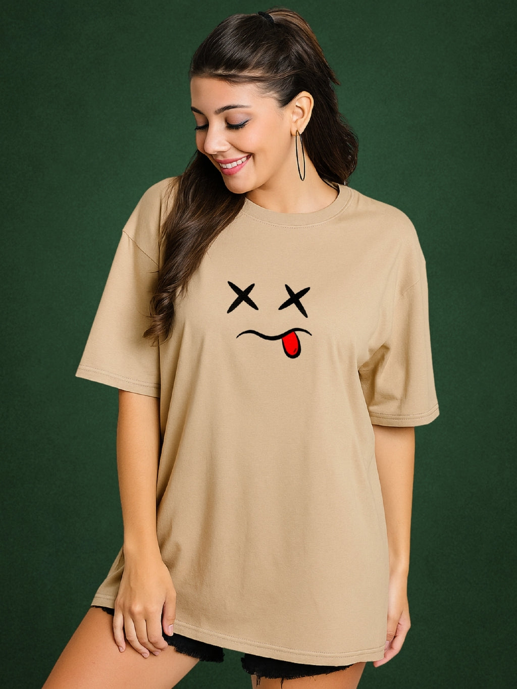 X.O. Velvet Beige Oversized T-Shirt For Women by Zwuri