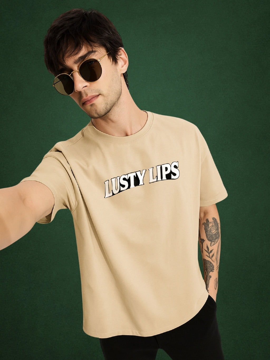 💋 Lusty Lips, Velvet Beige Oversized T-Shirt For Men by Zwuri