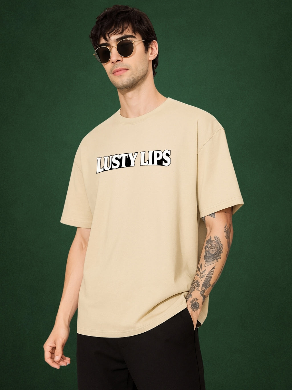 💋 Lusty Lips, Velvet Beige Oversized T-Shirt For Men by Zwuri
