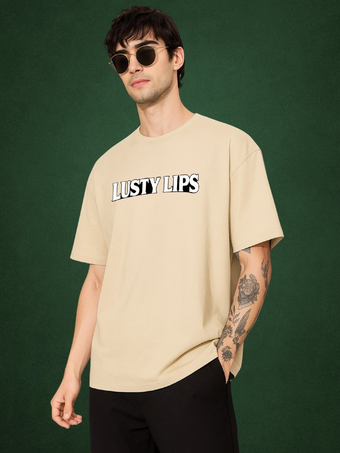 💋 Lusty Lips, Velvet Beige Oversized T-Shirt For Men by Zwuri