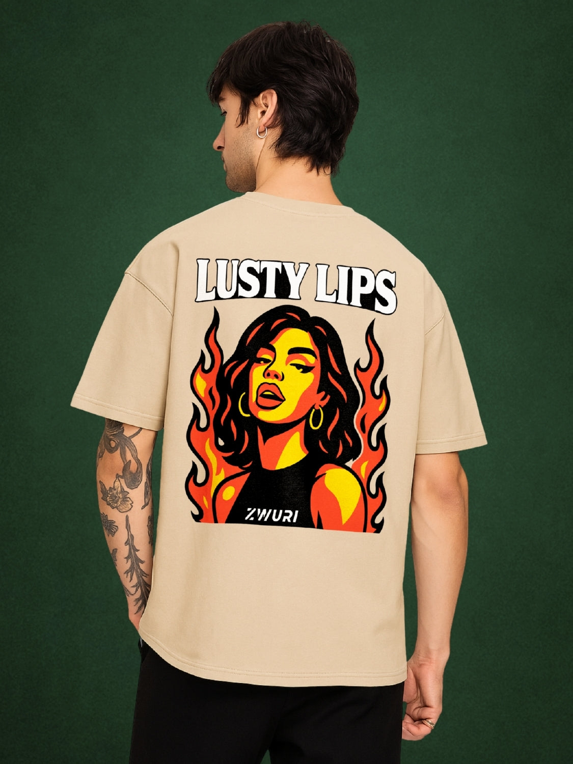 💋 Lusty Lips, Velvet Beige Oversized T-Shirt For Men by Zwuri