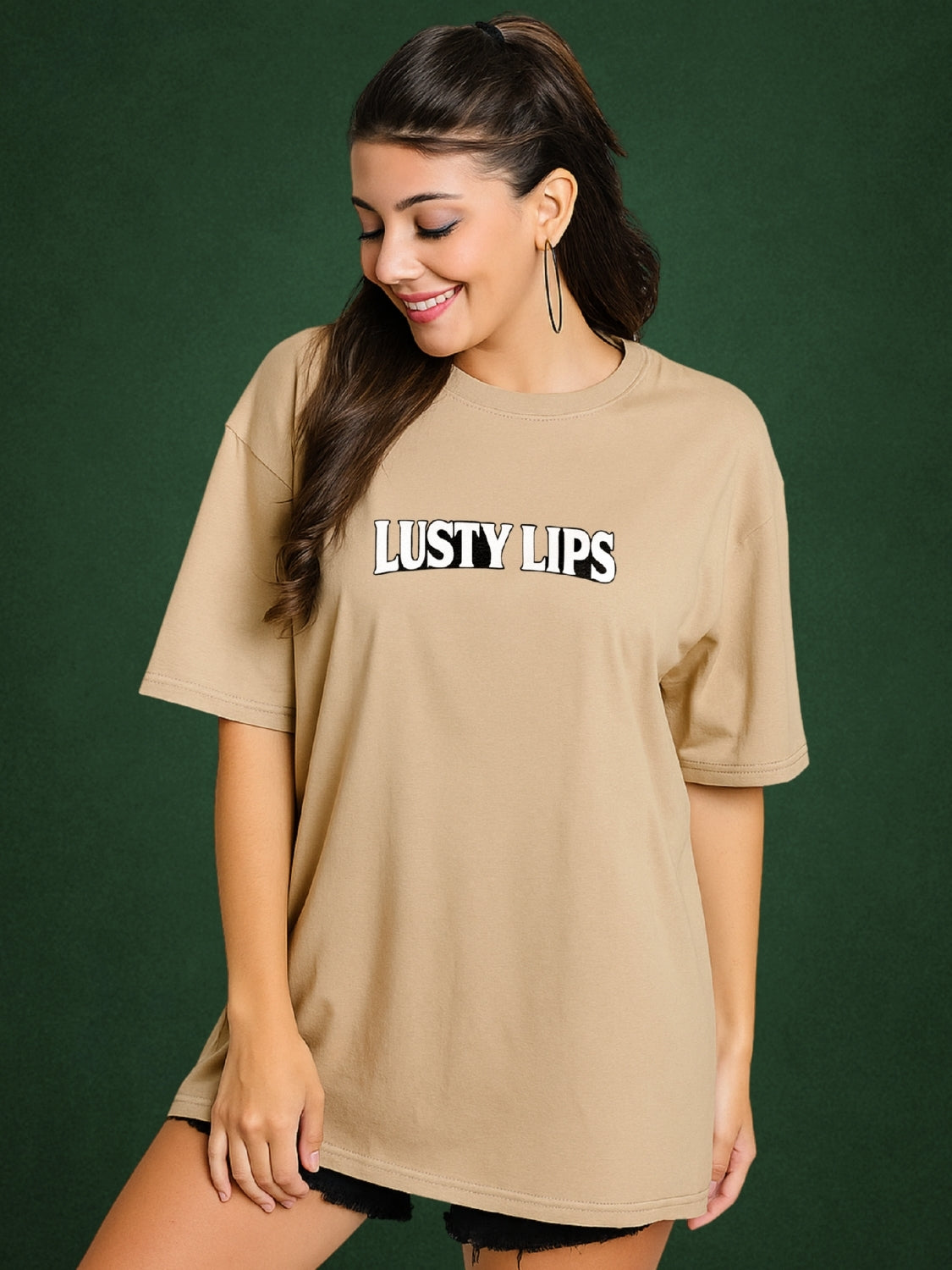 💋 Lusty Lips, Velvet Beige Oversized T-Shirt For Women by Zwuri