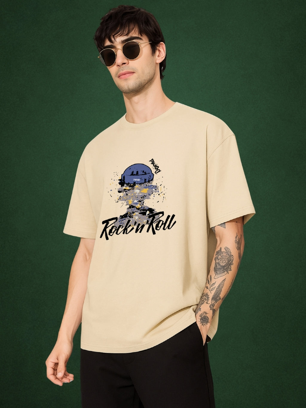 Rock 'n' Roll, Velvet Beige Oversized T-Shirt For Men by Zwuri