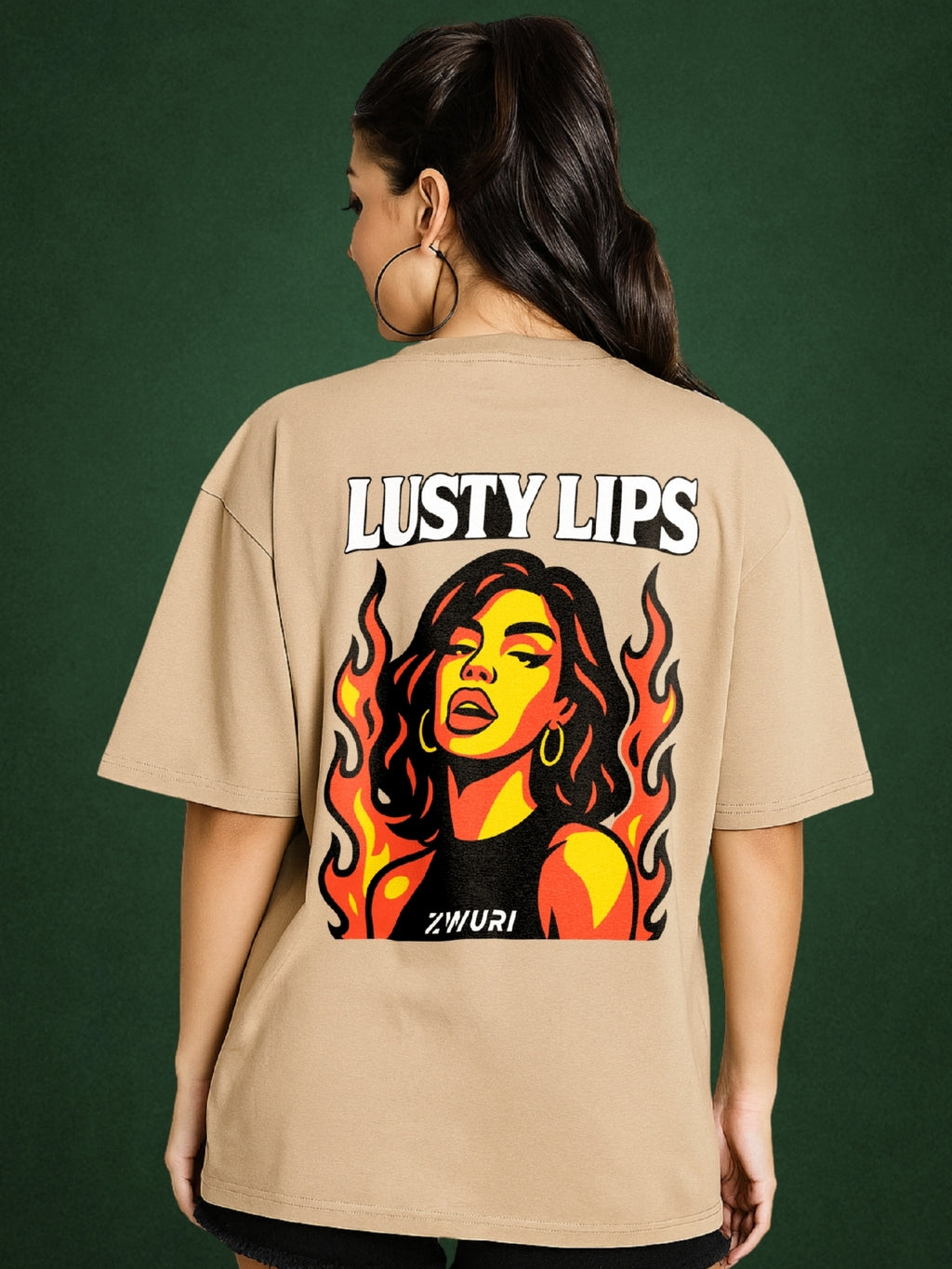 💋 Lusty Lips, Velvet Beige Oversized T-Shirt For Women by Zwuri