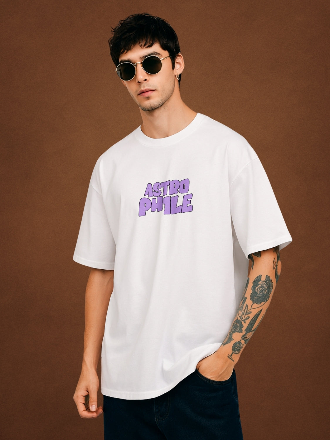 Astrophile, Pure White Oversized T-Shirt For Men by Zwuri