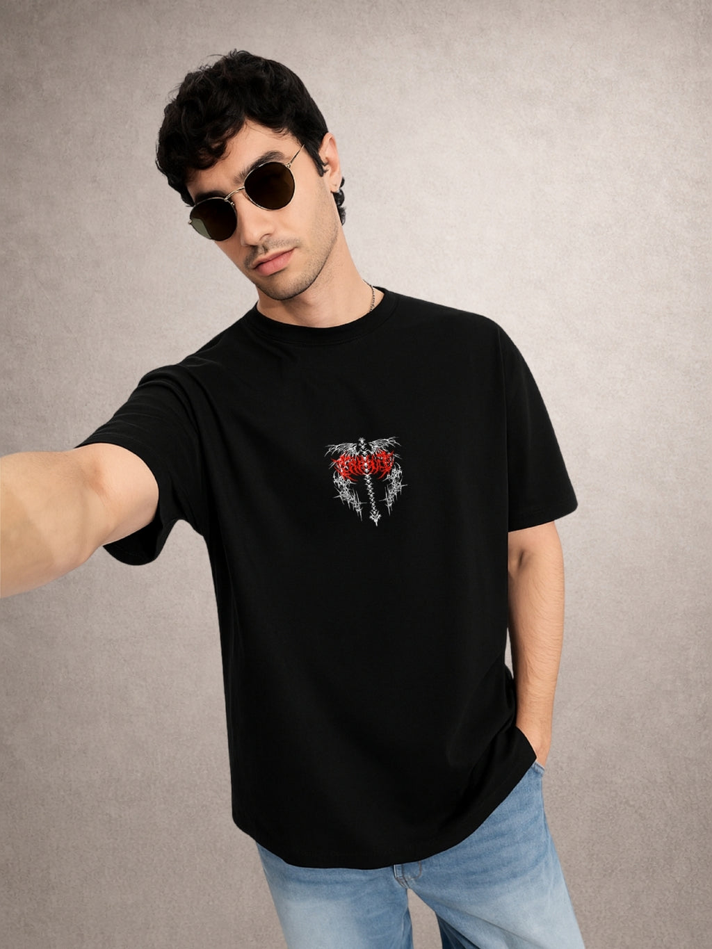 Zwuri Men | Spine - Pitch Black Oversized T-Shirt