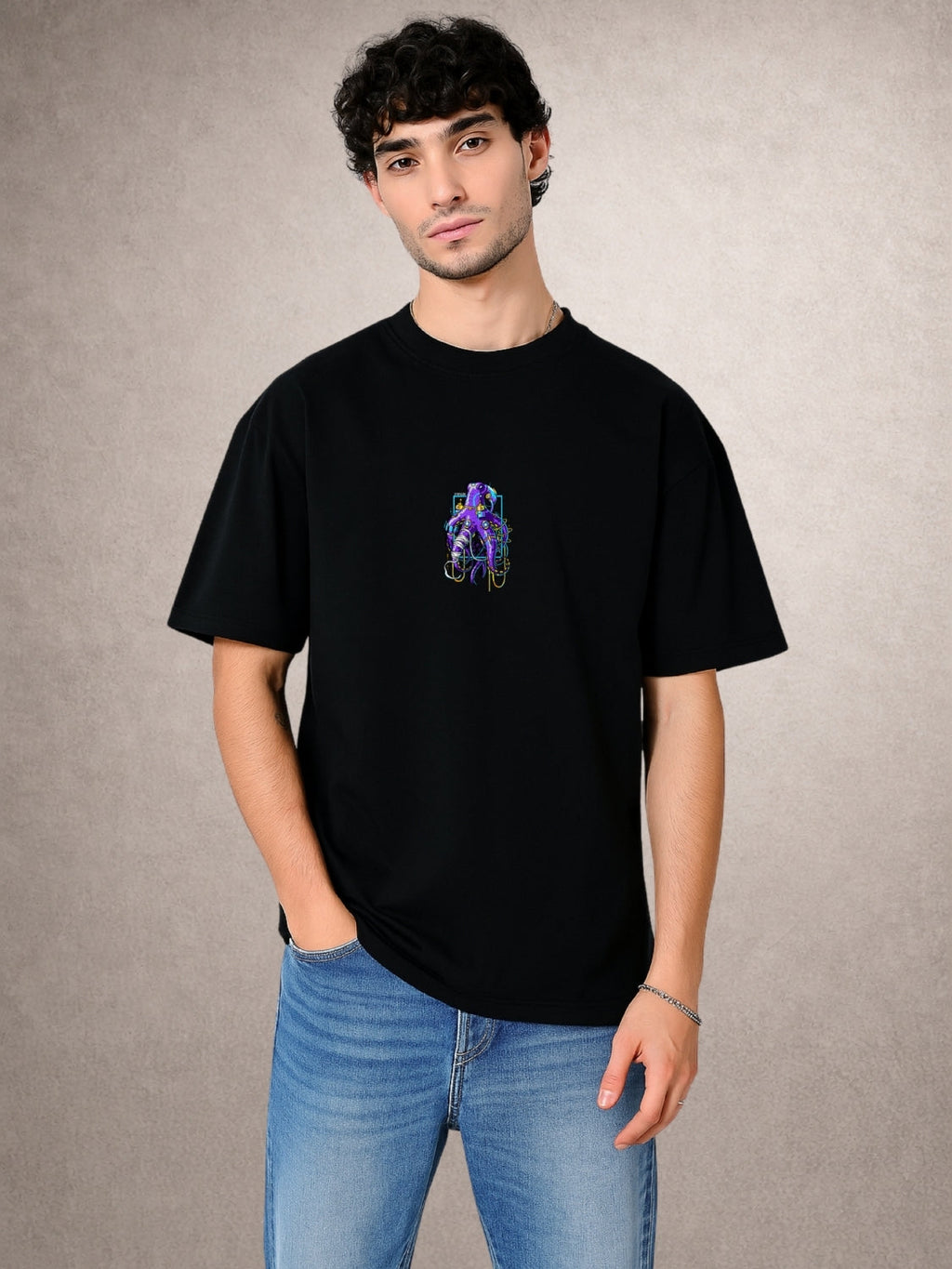 Zwuri Men | Octahand - Pitch Black Oversized T-Shirt